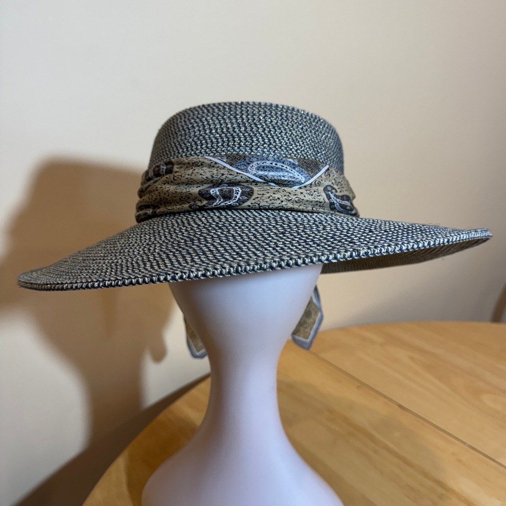 Collezione Scala Woven Metallic Gold Black Sun Hat Wide Brim Paisley Scarf Tie